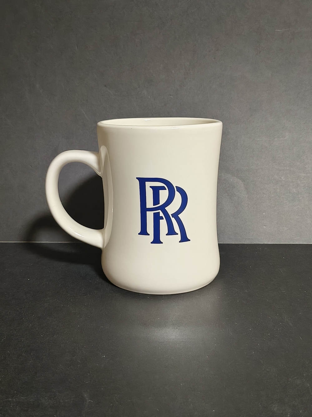White Ceramic Mug Rolls Royce Blue RR Logo "The Services You Rely On"